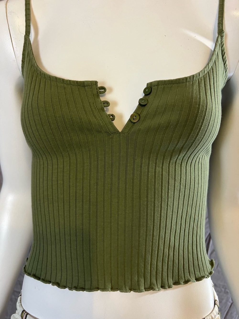 American Eagle Outfitters Olive Ribbed V-Neck Cami with Button Detail